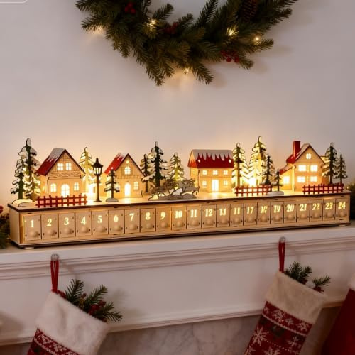Light-Up Wooden Christmas Village Advent Calendar with LED Glow | 24 Fillable Drawers, LED Holiday Countdown Calendar, For Family Home Decor, Reusable Tabletop Home Reflections