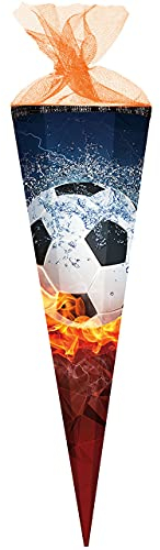 Schultüte - Fussball - Flamme - 22-100 cm - Größe wählbar - 12 eckig - Tüllabschluß - Zuckertüte - Nestler - mit/ohne Kunststoff Spitze - für Jungen &..
