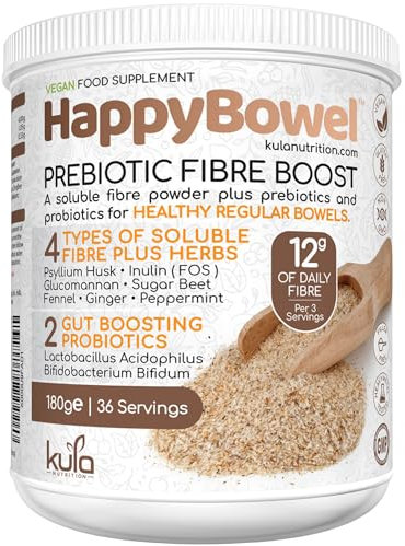 HappyBowel – Prebiotic Soluble Fibre Powder Supplement with Probiotics for Gut Health. Inulin FOS, Psyllium Husk, Glucomannan, Beet, L-Glutamine, Peppermint - 12g High Fiber Drink - 180g (36 Servings)