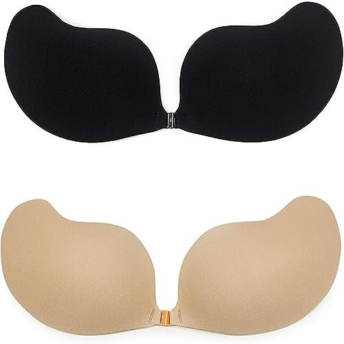 FLORATA Ladies Sexy Reusable Invisible Strapless Self Adhesive Push-up Bra Stik On Gel Bakless Silione Bras for Women(2 PS), C, Mango Black+mango Nude