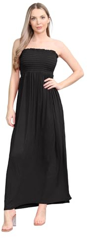 janisramone® Strapless Dress Sheering Bandeau Maxi Dresses for Women UK | Soft Stretch Fabric, Shirred Bust Strapless Design, Boobtube Bandeau Dress, Maxi Length, Casual Summer Dresses for Women UK