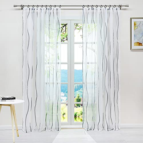 ESLIR Gardinen mit Kräuselband Vorhänge Gardinenschals Voile Grau 140x175 | Transparent, Fensterschal, 1 Stück, Schlaufenschal, Fenstergardinen, Wohnzimmer, Fenster innen, Wellen Muster, modern