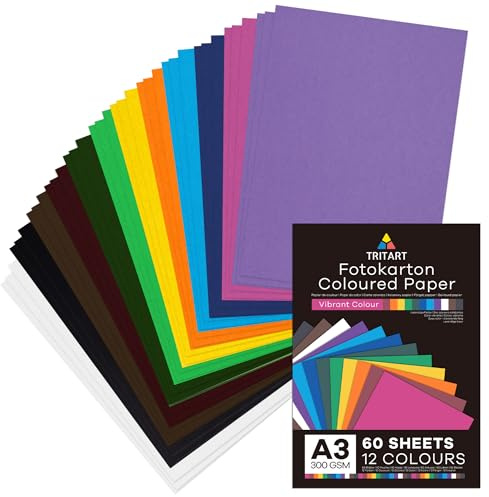 Tritart Cartulinas A3 Colores para Manualidades - 60x folios 300 gr/m2 en 12 colores Surtidos - Set Cartulinas de Colores A3 para hacer Postales Cumpleaños Poster Carteles Cartas