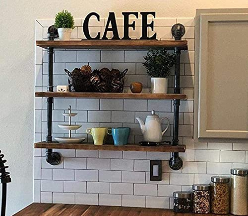 DR.Iron Industrielle Rohrregale Wandregal Rustikales Holzregal Lagerregale 3 Ebenen Wandhalterung Rohrdesign DIY Regal Retro Wandregal (Schwarz, 61 cm L)