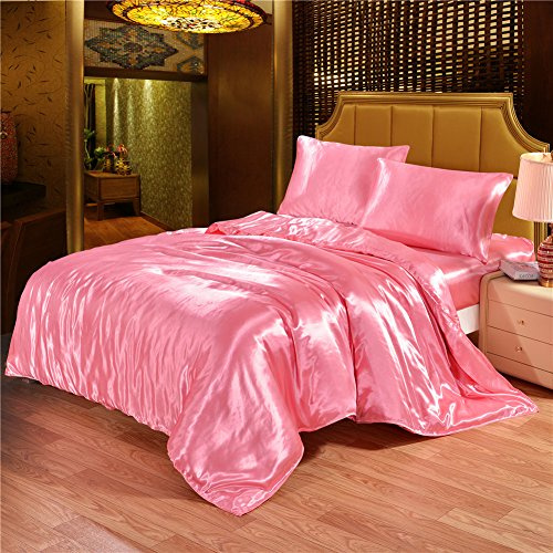 Duvet Cover 1 Piece - Ultra Soft Silky Satin Hotel Collection - Comforter Cover with Button Closure & Corner Ties, Full/Queen, Pink