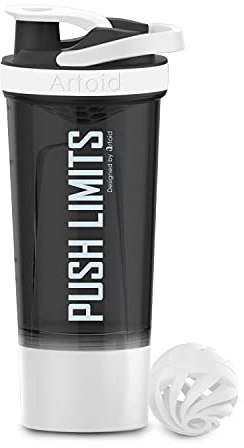 Artoid Mode Protein Batidor de Proteínas con Compartimento para Polvos Bebidas Deportivas Jabón de Manos Blanco/Negro 720ml, Colador Organizador bolas espiral 200ml Suplementos dietéticos sin BPA