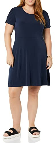 Amazon Essentials Vestido Acampanado con Cuello Redondo y Manga Corta Fruncida (Disponible en Tallas Grandes) Mujer, Azul Marino, S