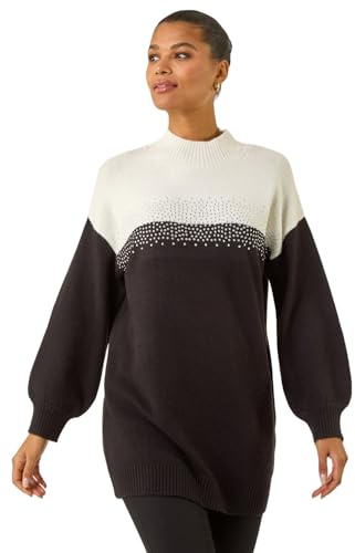 Roman Originals Colourblock Embellished Longline Jumper for Women UK - Ladies Autumn Everyday Winter Holiday Funnel Neckline Comfy Long Sleeve Soft Top Warm Sweaters