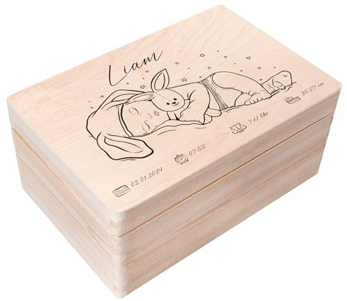 Creative Deco Erinnerungsbox Baby Personalisiert mit Namen 30 x 20 x 14cm | Individuelle Erinnerungskiste Geschenk zur Geburt für Mädchen und Jungen | Holzkiste mit Deckel | Farbdruck
