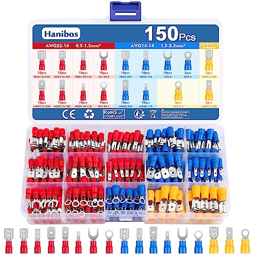Hanibos 150 Pcs Insulated Crimp Terminals 0.5-6.0mm² Electrical Crimp Connectors Male and Female Spade Connectors Set for Car Mechanics Repairs