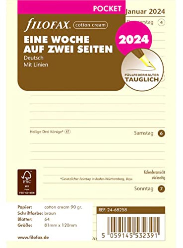 FILOFAX Inserto per calendario tascabile, 1 settimana su 2 pagine, in cotone, 2024