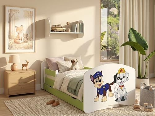 Happy Babies Bett für Kinderzimmer 140x70 mit Schublade, Bett und Matratze für Mädchen, Kinderbett mit Schutz vor dem Herausfallen und Einer Schublade, Einzelbett, Hundemotiv, Junge - Weiss