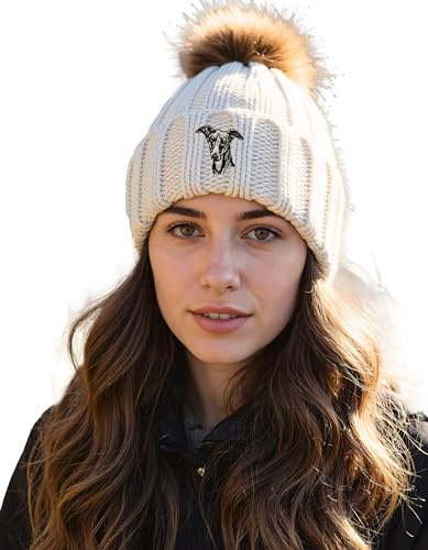 The House Of Dog: Whippet - Gorro de punto grueso con pompón de piel sintética y bordado unisex, marrón claro, Talla única