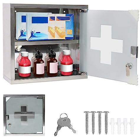 SUBTLETY 30x12x30cm Edelstahl Medizinschränke 2 Fächer Abschließbar Apothekerschrank inkl. Glas Tür & 2 Schlüsseln Hängend Hausapotheke Box Wand Medikamentenschrank Silber Erste Hilfe Arzneischrank