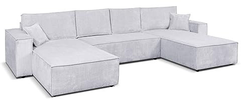 Margaret Hadas24 Ecksofa U Form Ecksofa Camel, 390x185cm, Schlaffunktion Bettkasten, 5 Sitzer Bettzeugablage Big Sofa Sofa XXL Sofagarnitur Couch Schlafcouch Sofa Wohnzimmersofa hellgrau