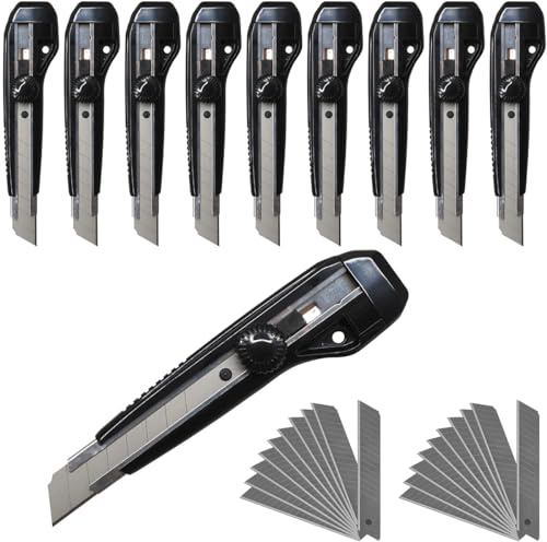 WAYTEX Lot de 10 cutters 18mm à Molette + 40 lames de rechange, Guide lame métal et réserve pour 2 lames dans le manche