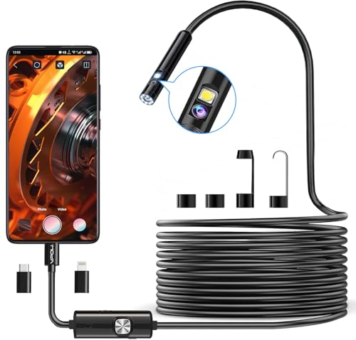 Endoskopkamera Inspection Camera for iPhone Android - 1920P HD Dual Lens Borescope with 8 LED Light - 16.4FT Semi-Rigid Snake Cord IP67 Waterproof Black