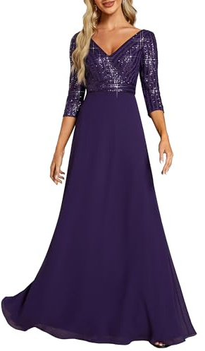 Ever-Pretty Vestido de Fiesta Lentejuelas Manga Larga Mujer A-línea Escote en V Imperio Elegant Morado Oscuro 36