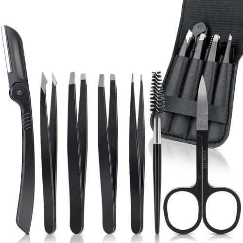 7 Pièces Pince à Epiler Professionnelle, Acier Inoxydable Pince à Épiler, Kit Sourcils pour Enlèvement Des Points Noirs,Sourcils D’outil Professionnel avec Étui, pour l'élimination des Poils du Visage