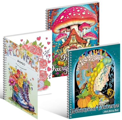 Kalysky 3 Stück Malbücher für Erwachsene, Ausmalbuch für Erwachsene Themen umfassen Blumenwelt, Skurriles Universum, Fantasie Feenhäuser zum Stressabbau Geschenk für Frauen