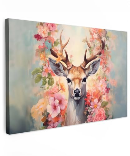 MuchoWow© Leinwand Groß XXL Deko Schlafzimmer Aesthetic Leinwandbilder | 120x80 cm - Wohnzimmer Gemälde Foto Geschenk Living Room Decoration Hirschkopf Wanddeko Hirsch Bild - Reh - Blumen - Rosa