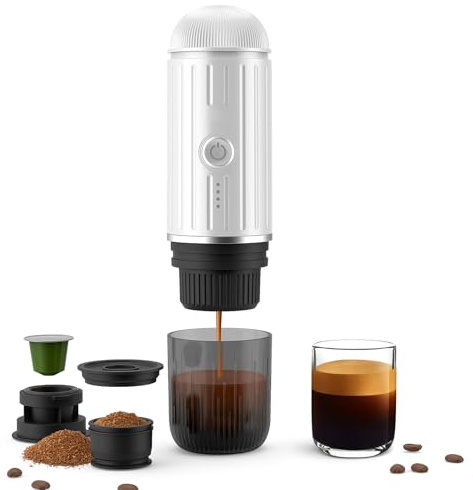 Macchina da caffè espresso portatile, ricaricabile, elettrica, 12 V, riscaldamento con un clic, macchina da caffè automatica, compatibile con capsule NS e caffè macinato per campeggio, viaggi, casa