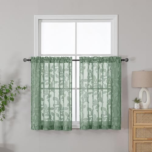 OVZME - Kitchen Sheer Curtains 2 Panels 42 x 36 Inches Light Filtering Semi Sheer Curtains Jacquard Leaves Pattern for Small Windows Sage Green