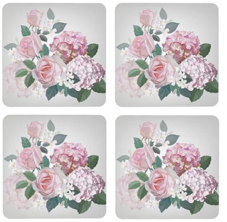 Untersetzer, Motiv: Hortensien-Rose, Wasserbecher, rund, bedrucktes Muster, MDF, Kork-Untersetzer, 4 Stück, Kaffeetassenmatte, Öse