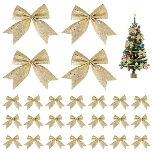 FANCYWUXI 25 Stück Weihnachtsschleifen Weihnachtsschleifen Bogen Hänge Deko Weihnachten Schleifen Glitzer Gold Zierschleifen für Weihnachtsbaum für Weihnachtsbaumschmuck Schleifen Weihnachten