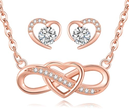 LYL.Adorer Schmuckset Damen,Halskette Armband Ohrringe in Weißgold & Rosegold,Unendlichkeit Herz Geschenk für Frauen