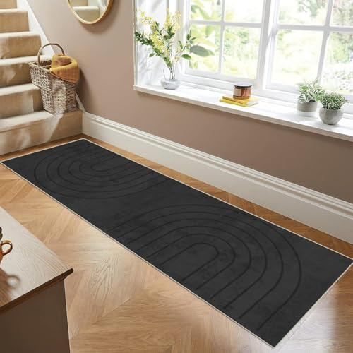 Siunwdiy Teppich Läufer Flur rutschfest Küchenläufer Waschbar Einfarbig Modernes Muster 60x200cm Schwarz Korridor Teppichläufer Lang Küchenteppich Für Schlafzimmer Teppichläufer Meterware Anpassbar