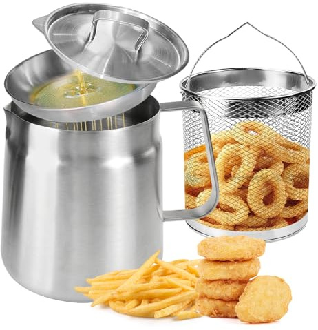 2L Oil Strainer Pot, XRPRPX Deep Fat Fryer Strainer 2 in 1 Stainless Steel Bacon Grease Saver Grease Can with Fine Mesh Filter and Frying Basket for Frying Stewing and Oil Storage