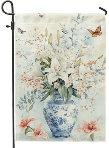 Florale Gartenflagge für Frühling und Sommer, weiße Lilie und blaue Blumenvase, doppelseitige Dekoration für den Innen- und Außenbereich, saisonale Rasen-Dekoration mit Schmetterlingen, 30,5 x 45,7 cm