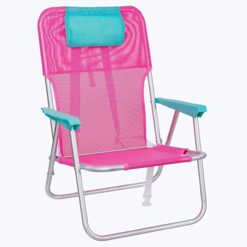 LOLAhome Silla Playa Camping Mochila Junior, Plegable de Aluminio y textileno Rosa, Silla Fija de 55x40x71 cm, con cojín Cervical Aguamarina, Correas Acolchadas y Ajustables