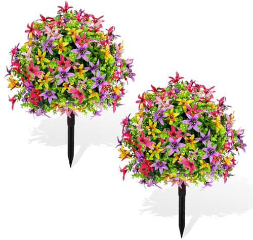 ENVEN Artificial Boxwood Topiary Ball Trees with Flowers for Outdoor with Ground Spike 22, UV Resistant Faux Shrubs, Fake Plants for Indoor & Outdoor Garden, Yard, Porch, Patio Decor