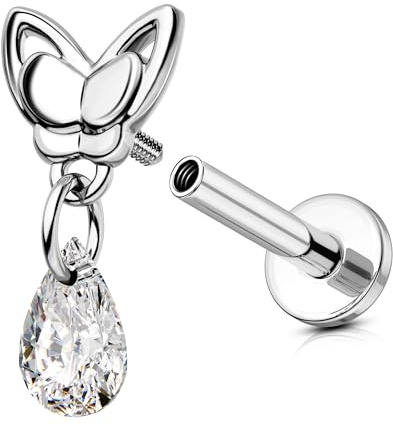 OUFER 16G Schmetterling Helix Piercing Innengewinde Knorpel Ohrpiercing Edelstahl 316L Tragus Earring Klar Tränenförmige Gestalt CZ Lip Stud für Frauen 6 mm