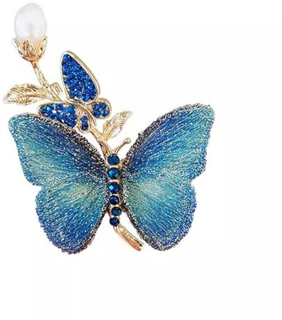 Vbvbip Elegant Blue Embroidered Butterfly Brooch for Women - Vintage Rhinestone Crystal Jewelry Pin, Handmade Floral Accessory for Dresses, Shawls & Weddings