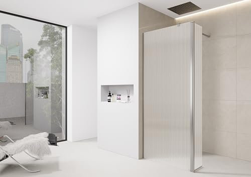 Reeded Shower Screen Fluted 800 mm Shower Screen Chrome Trim Glass Walk in Shower Enclosure 6mm Tempered Safety Glass Wetroom Panel (800 mm Screen with 300 mm Return)