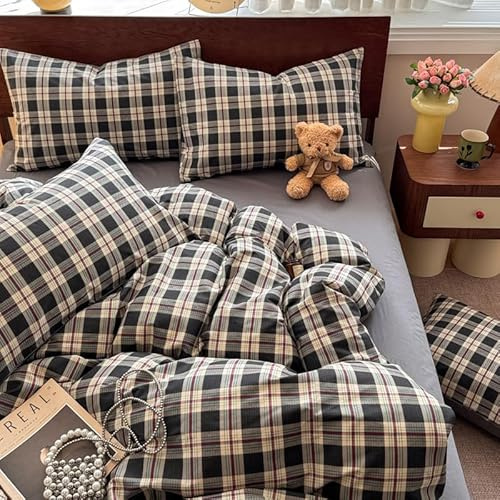 Freyamy Housse de Couette 220x240cm à Carreaux Vichy Noir Gris Parure de lit Adulte 2 Personne avec Fermeture Éclair Moderne Sets de Housse en Microfibre avec 2 Taie d'oreiller 65 x 65cm