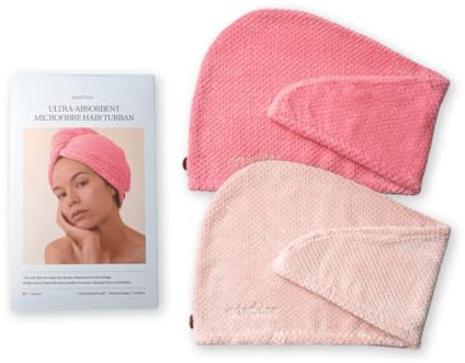 Washies Hårturban uppsättning av 2 rosa/rosa, mikrofiber turbanhandduk för snabb hårtork, supermjuk, praktisk fixeringsknapp, absorberande huvudhandduk, för kort och långt hår