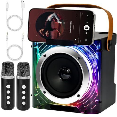 Drepint Macchina per Karaoke, Karaoke con 2 Microfoni Wireless y Supporto per Telefono, Altoparlante karaoke cassa Bluetooth 5.3 portatile, con luci a LED per Adulti e Bambini