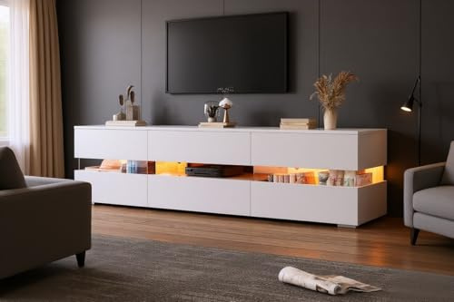 Merax TV Schrank Lowboard 160 cm, Weiß Hochglanz mit LED-Beleuchtung, Acryl-Glaseinsätzen, Drucköffnung für 70 Zoll Fernseher, Modernes TV Board für Wohnzimmer Möbel