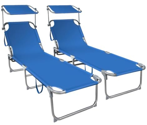 VOUNOT® Juego de 2 Tumbonas Plegable con Parasol Ajustable Tumbona Reclinable Jardín Exterior Respaldo Poliéster Regulable en 4 Posiciones Carga Máx. 120kg para Piscina Playa Terraza 190x58x27cm Azul