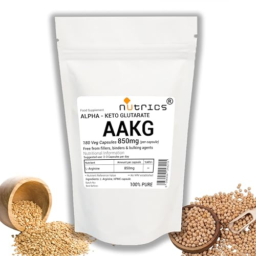 Nutrics® 850mg per Capsule AAKG L-Arginine Alpha Ketoglutarate 180 V Capsules - 100% Pure No Fillers, Binders or Bulking Agents - Nitric Oxide