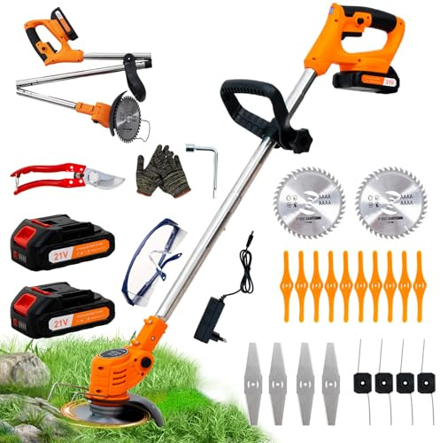 OUTIGO Decespugliatore a Batteria, Decespugliatore Elettrico a Batteria, dotato di 2 batterie e 4 lame, Tosaerba a batteria Tosaerba Pieghevole da 800W,adatto per tagliare l'erba di prati e cespugli
