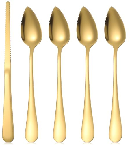 Juego de 3 cucharas de pomelo de acero inoxidable y 1 cuchillo de pomelo con bordes dentados, cucharas de frutas para bayas de kiwi, pomelos, manzanas (dorado)