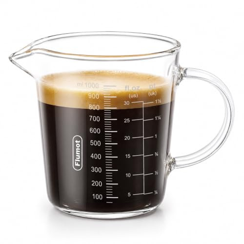 Flumot Vaso medidor de vidrio de borosilicato, 1000 ml, escala precisa en ml/fl.oz./pt, con boquilla y mango ergonómico, apto para microondas, ideal para hornear, cocinar y mezclar