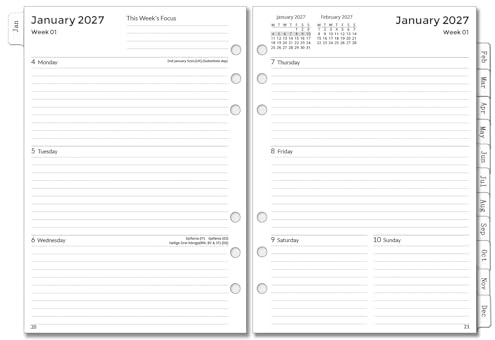 YHH 2027 Dagbok påfyllning A5 vecka på 2 sidor, flikar, passar för Filofax | Veckovis månadsplanerare, 6 ringpärm kalenderinsats, jan-dec, 100 gsm papper, anteckning, kontakt, lösenord och brittisk
