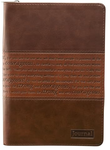 Classic Faux Leather Journal Strong and Courageous Joshua 1:57 Bible Verse, Brown Inspirational Notebook, Lined Pages w/Scripture, Ribbon Marker, Zipper Closure
