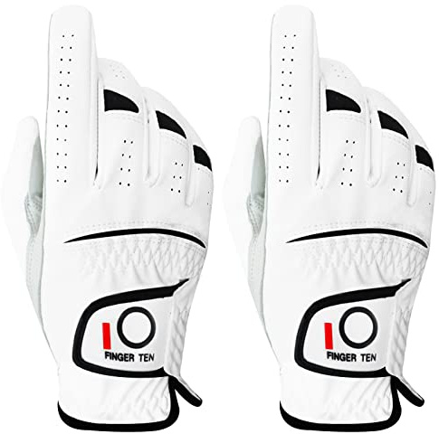 FINGER TEN Golfhandschuhe Herren Links Rechts Hand 2 Stück Golfhandschuh Wettersof Leder Griffig Weich Passform Handschuh für Golfer Männer (Rechts, L)